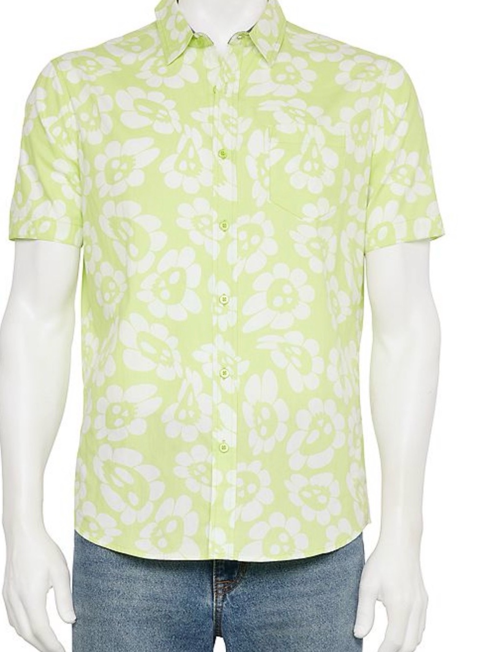 Retrofit Short-Sleeve Floral Button-Down Shirt - Light Green & White